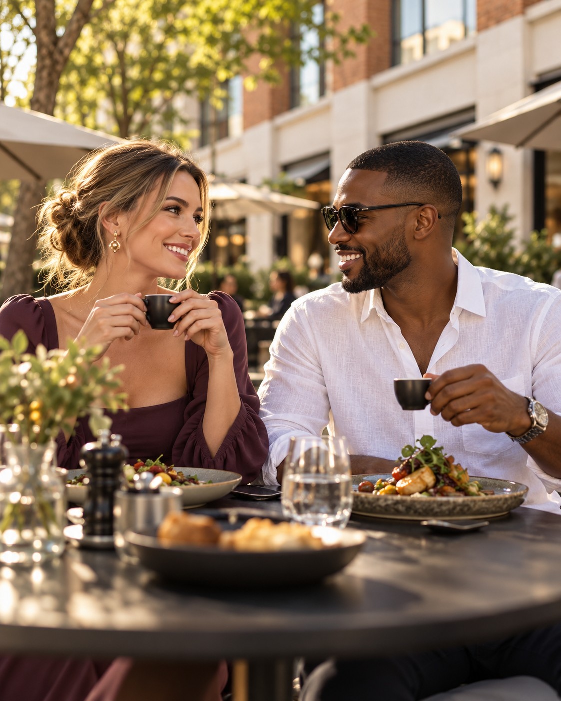 Editorial lifestyle photograph of a couple enjoying an alfresco lunch