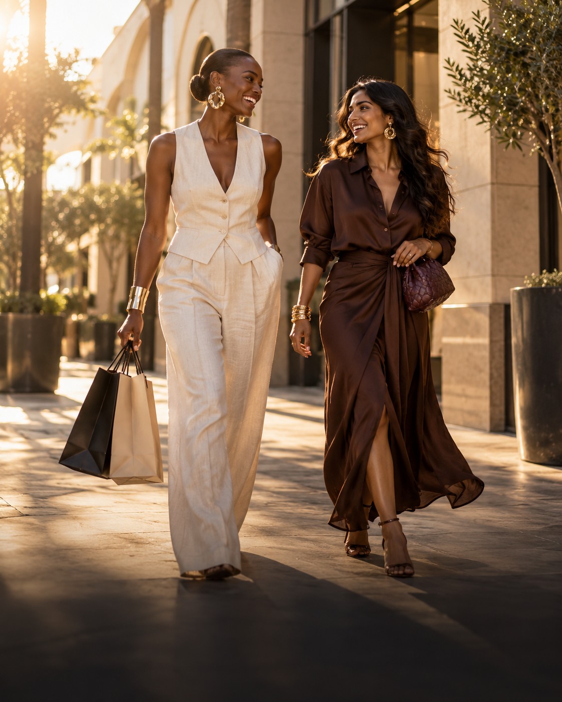 Editorial fashion portrait of two stylish friends in golden afternoon light