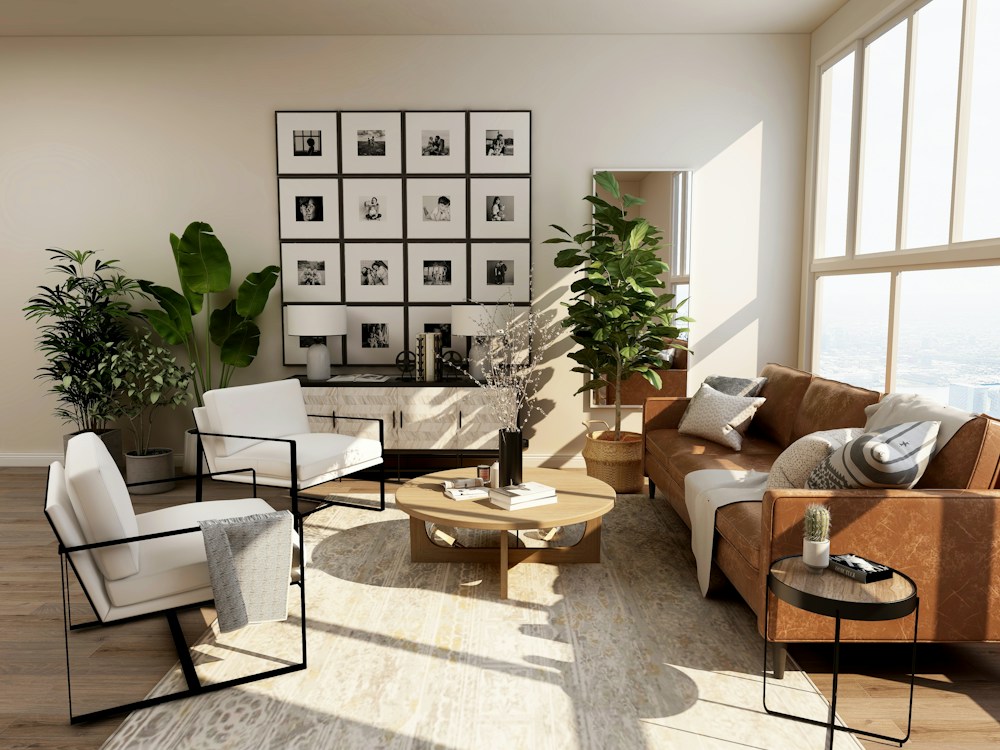 A warm contemporary living room with considered design details